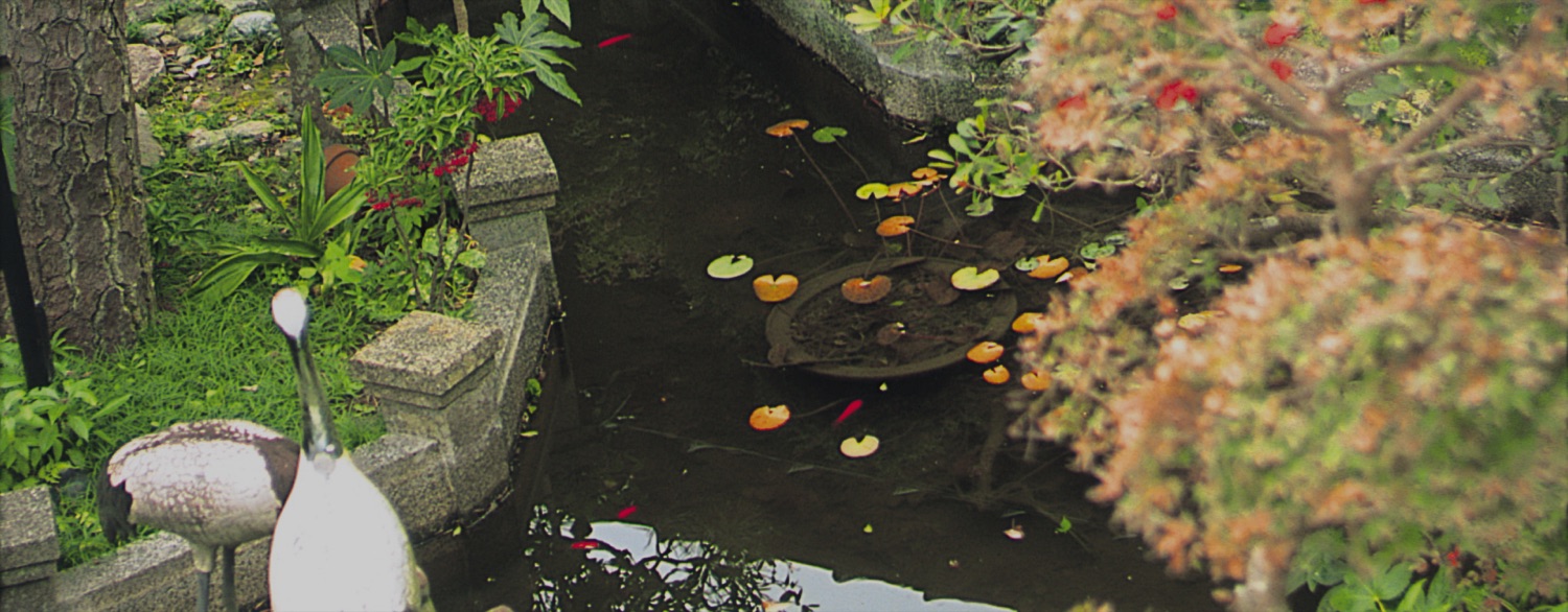 大屋旅館の庭園。鶴の像と池のある和の庭