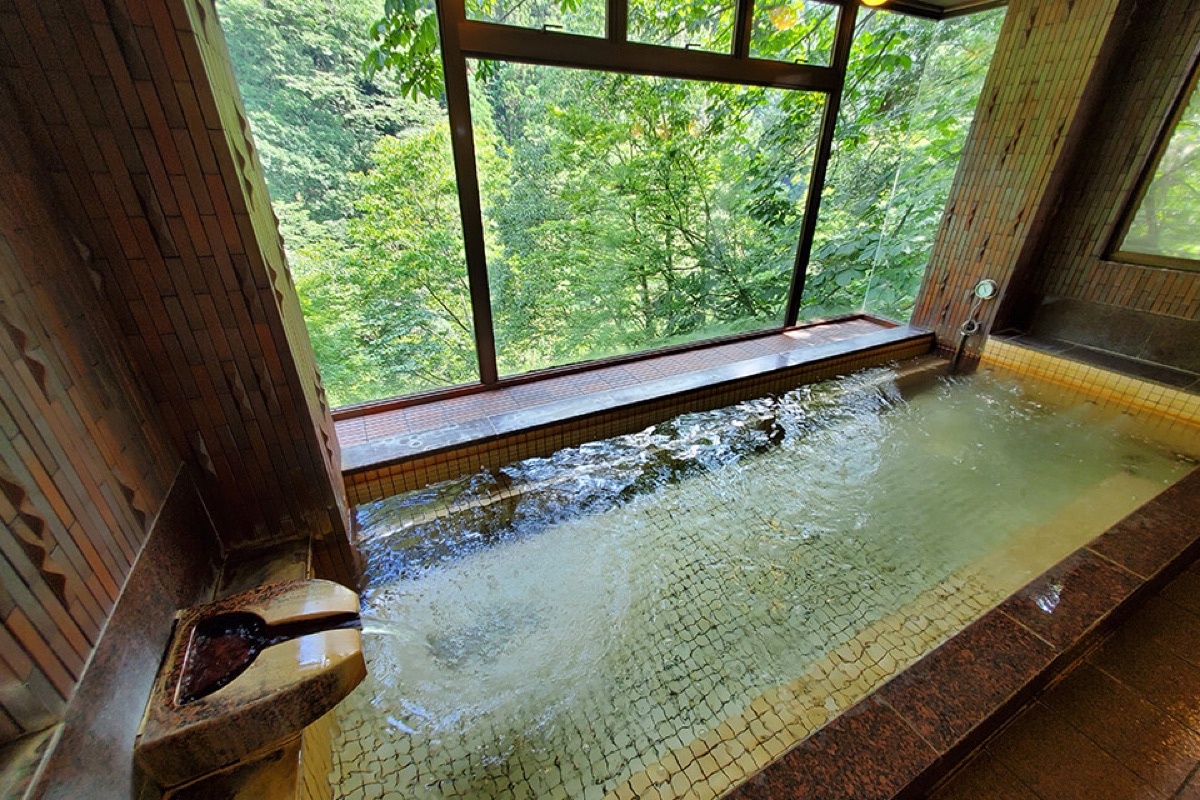 三河屋旅館の自家源泉「麻葉の湯」。窓いっぱいの新緑を望む